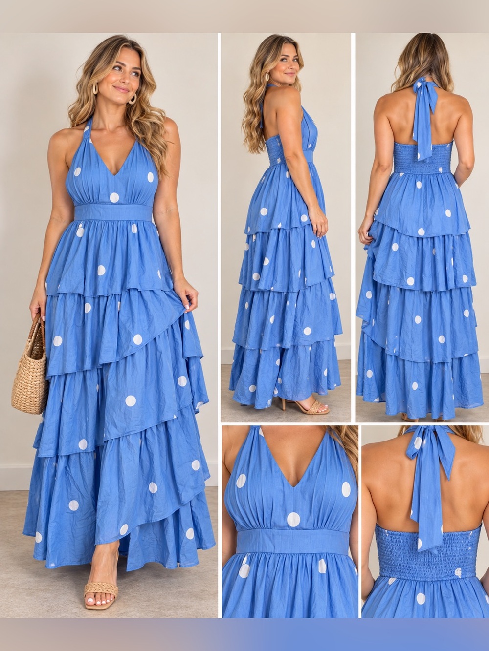 Entro Blue Polka Dot Tiered Halter Smocked Back Gorgeous Maxi Dress